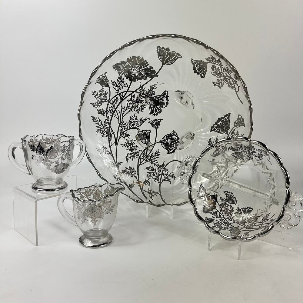 Crystal Silver Overlay Serving Dishes Set Cambridge Caprice Metallic Silver 4PC